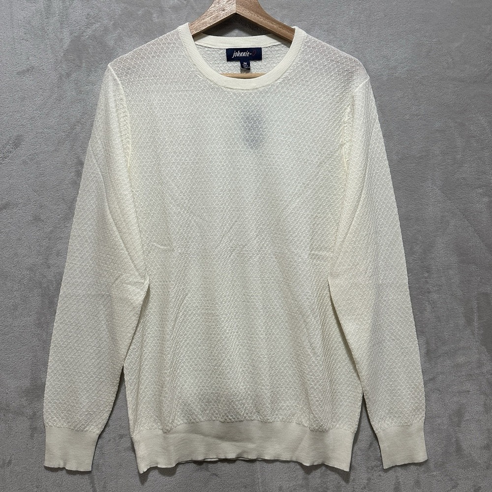 Johnnie-O Men's M White Crewneck Long Sleeve Sweater Textured Knit Ribbed Cuffs